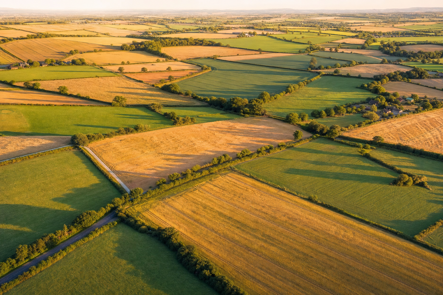 Aerial view of UK farmland and crop fields